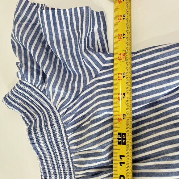 J Crew Striped Off Shoulder Mini Dress Sz 0 NWT Cotton Linen Blue White Boho - Picture 7 of 9